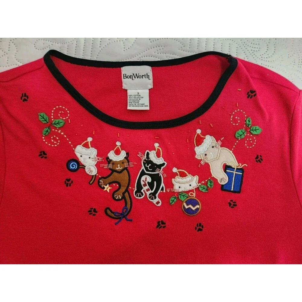 Bon Worth Womens HOLIDAY Knit Top Small Red Knit party CATS Appliqués Beaded